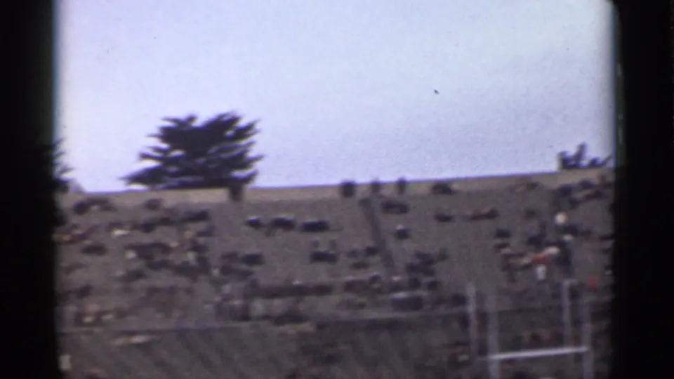1944 San Francisco stadium frame showing sparser seating, a large tree, field railings, and distant people in the stands.