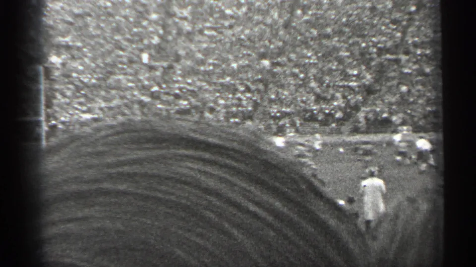 From the stands, the 1944 San Francisco footage shows football play below a packed grandstand, with a nearby spectator's head at the bottom of frame.