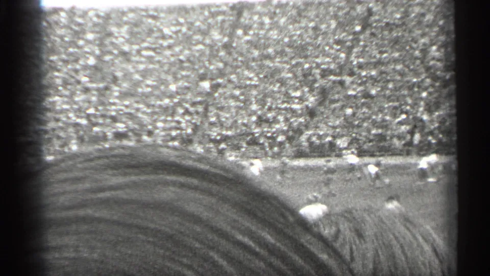The final frame shows the football field and a bright, crowded grandstand in 1944 San Francisco, partly obscured by nearby spectators.