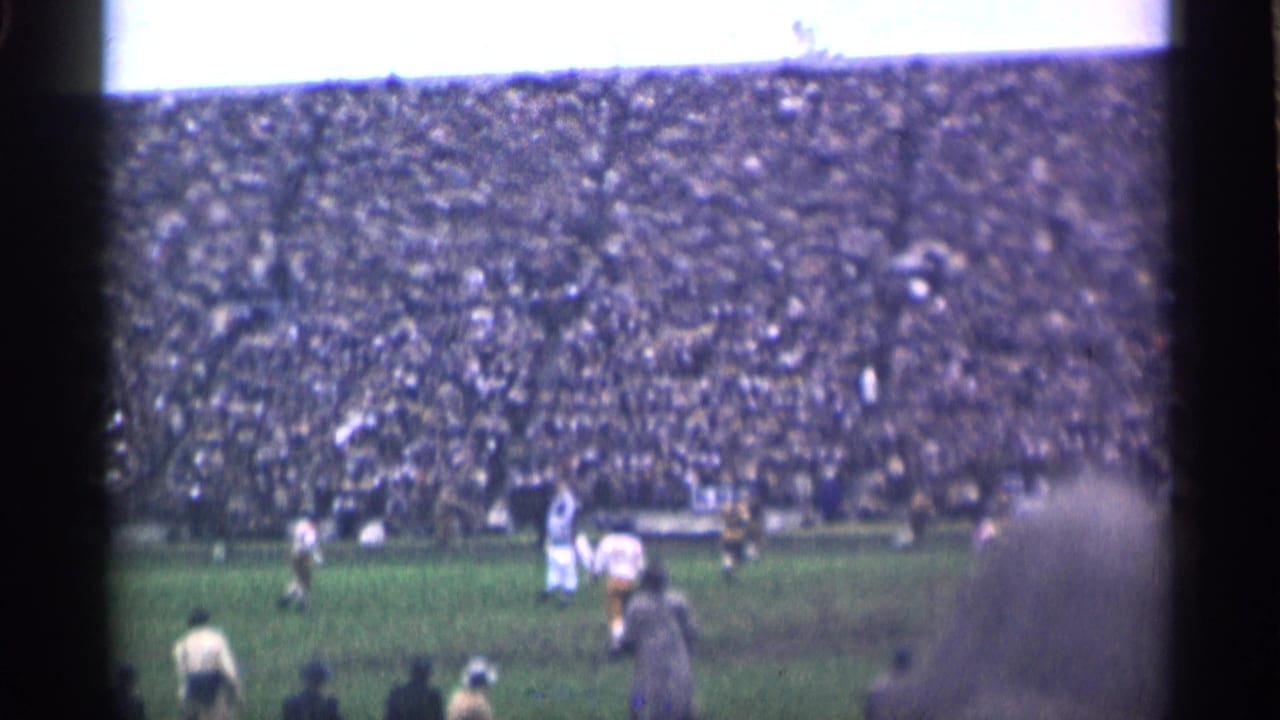 Players on a green field with a packed stadium crowd behind them.