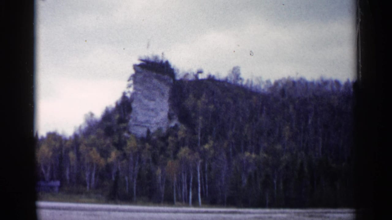 Limestone cliff rising above dense forest under a pale sky.