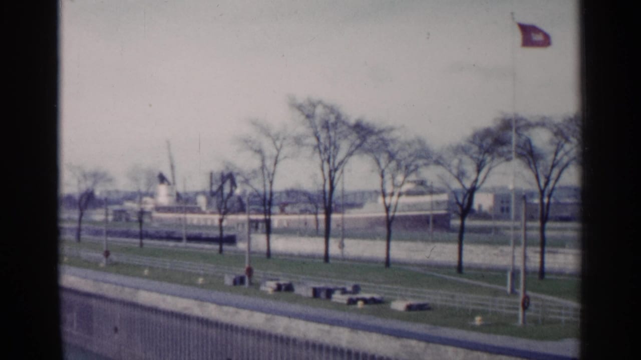 Waterfront lawn with bare trees, flagpoles, road, and low buildings across the water.