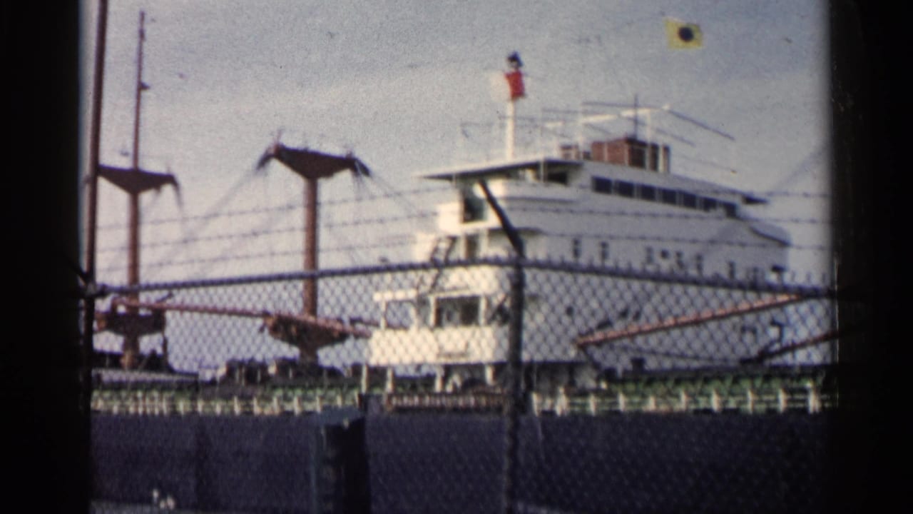 White ship with railings and upper decks viewed past a fence and dock structures.