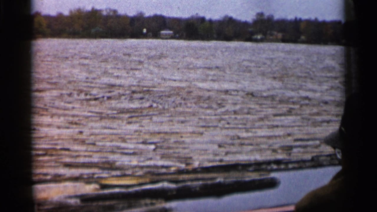 River surface seen from a boat with shoreline trees and small distant buildings across the water.