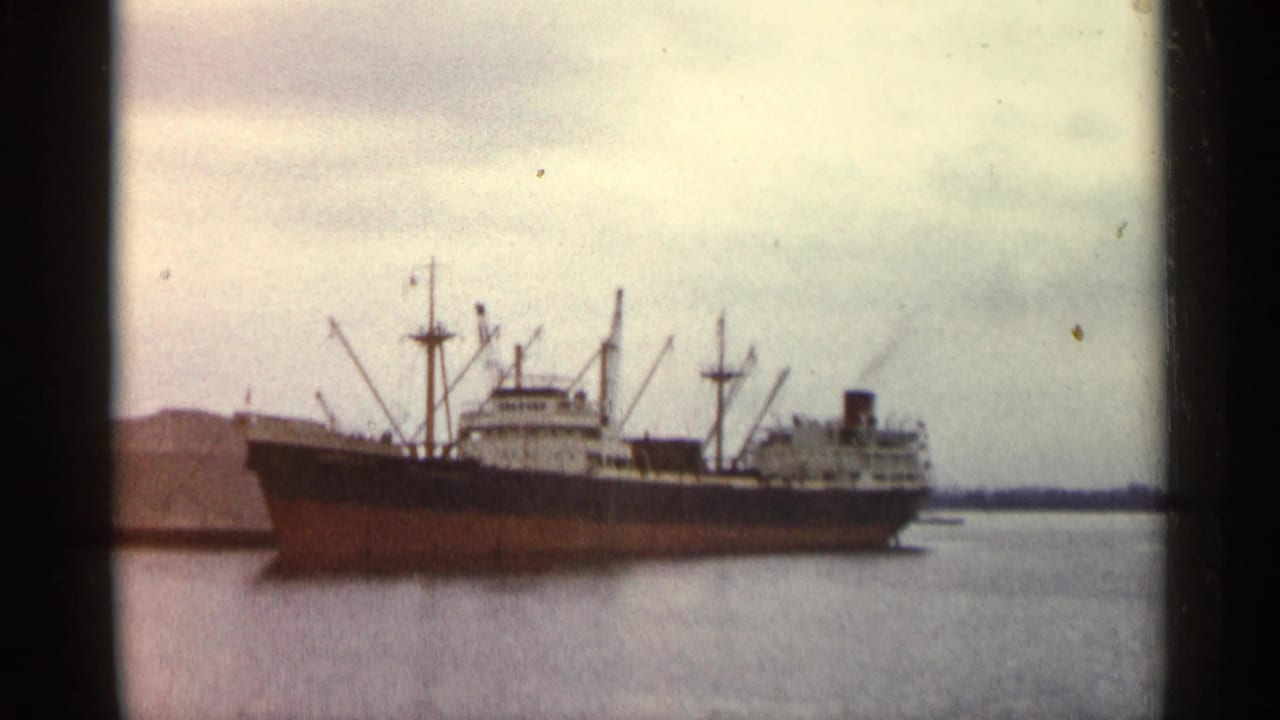 Red and black cargo ship on calm water under an overcast sky.
