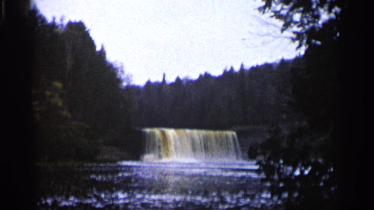 Woodland waterfall viewed from across a stream with trees framing the scene.