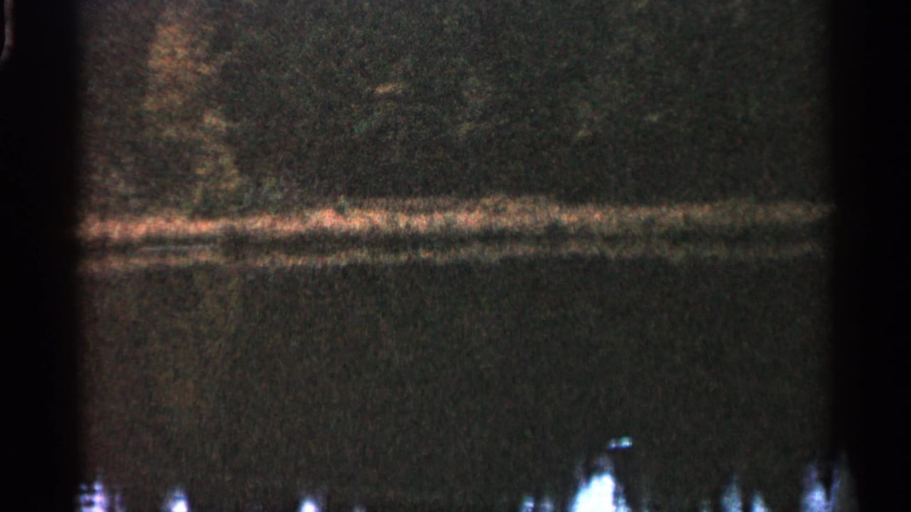 Dark lake water reflecting a wooded shoreline, with soft grain and frame-edge shadow.