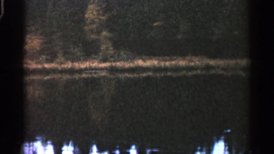 1960 Michigan lakeside view with dark trees, a narrow warm shoreline band, and mirrored shapes on calm water.