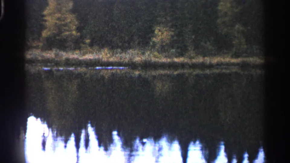 1960 Michigan 8mm frame of trees along a lake shore reflected in calm water, with soft focus and visible film edge shadows.