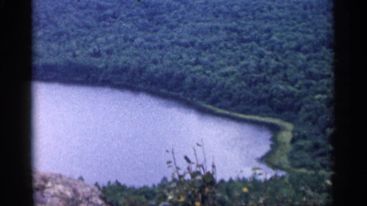 1960 Michigan home-movie frame looking down at a calm lake ringed by trees from a high outdoor vantage point.