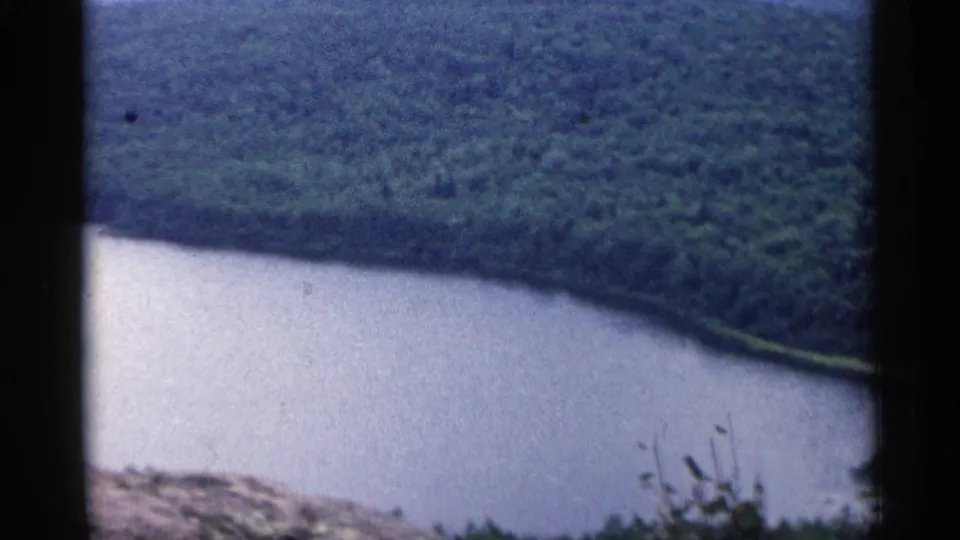1960 Michigan 8mm frame of a still lake edged by thick forest, seen from above with visible gate borders and grain.