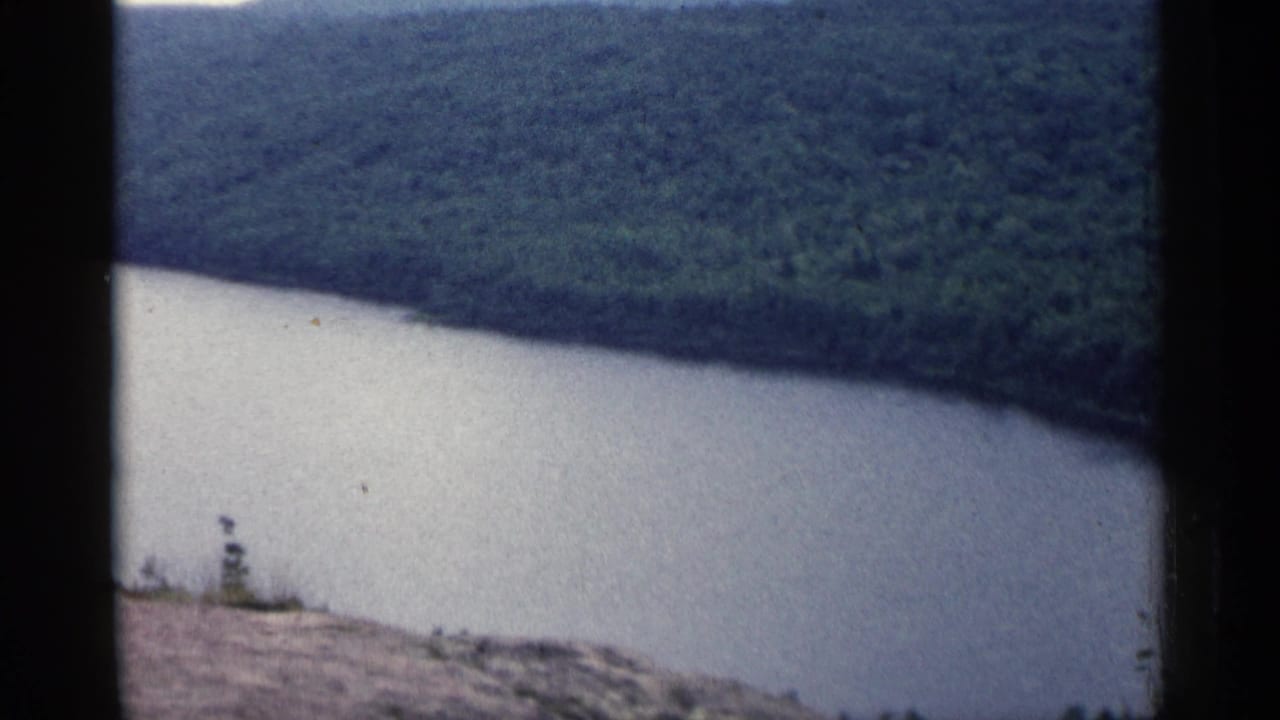 Wide river and tree-covered valley seen through a soft, grainy film frame.