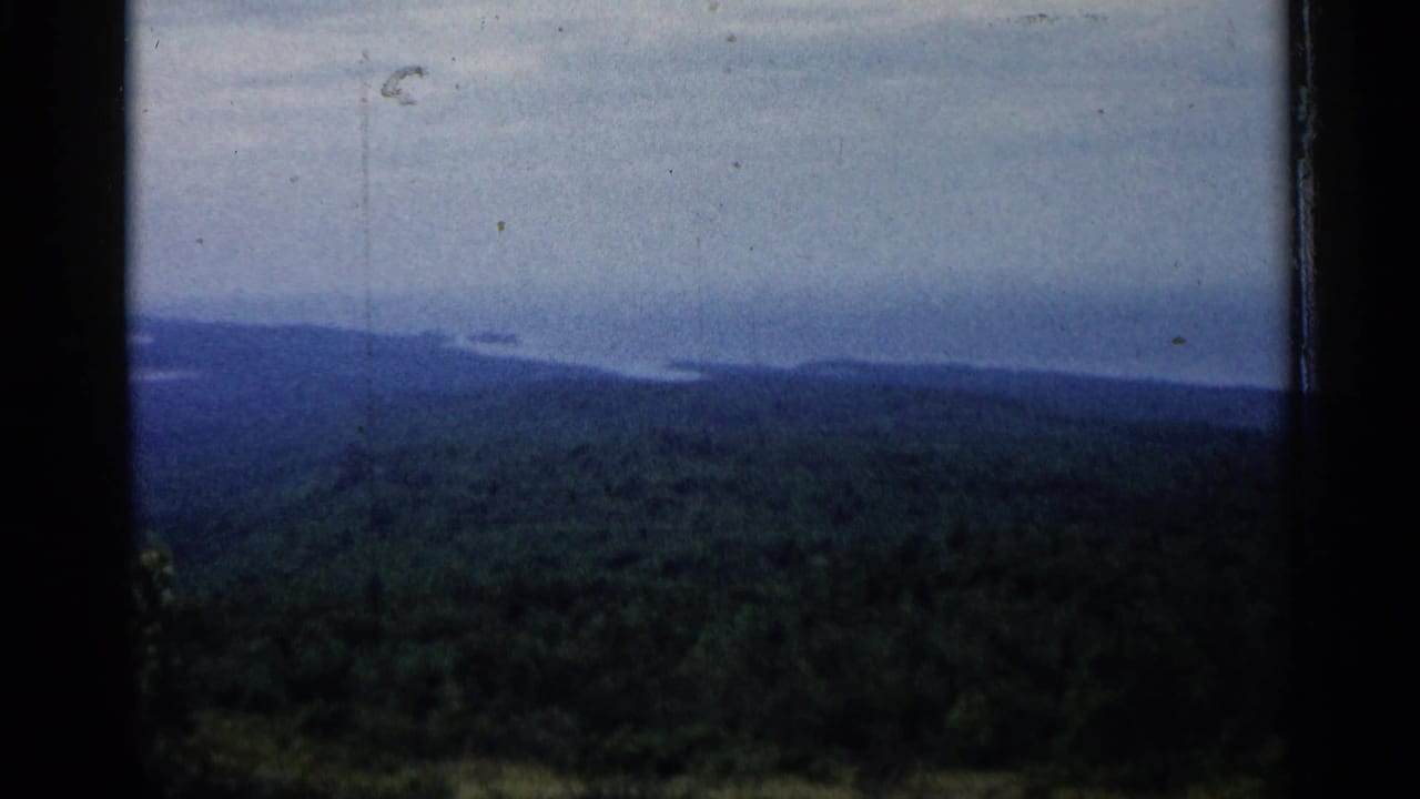 Forested hills and distant blue water seen through dark frame edges.