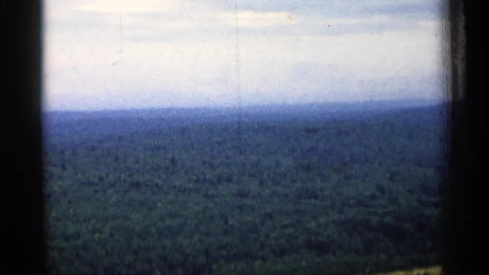 1960 Michigan home-movie still of a wide wooded landscape from a high viewpoint, bordered by dark window-like edges.