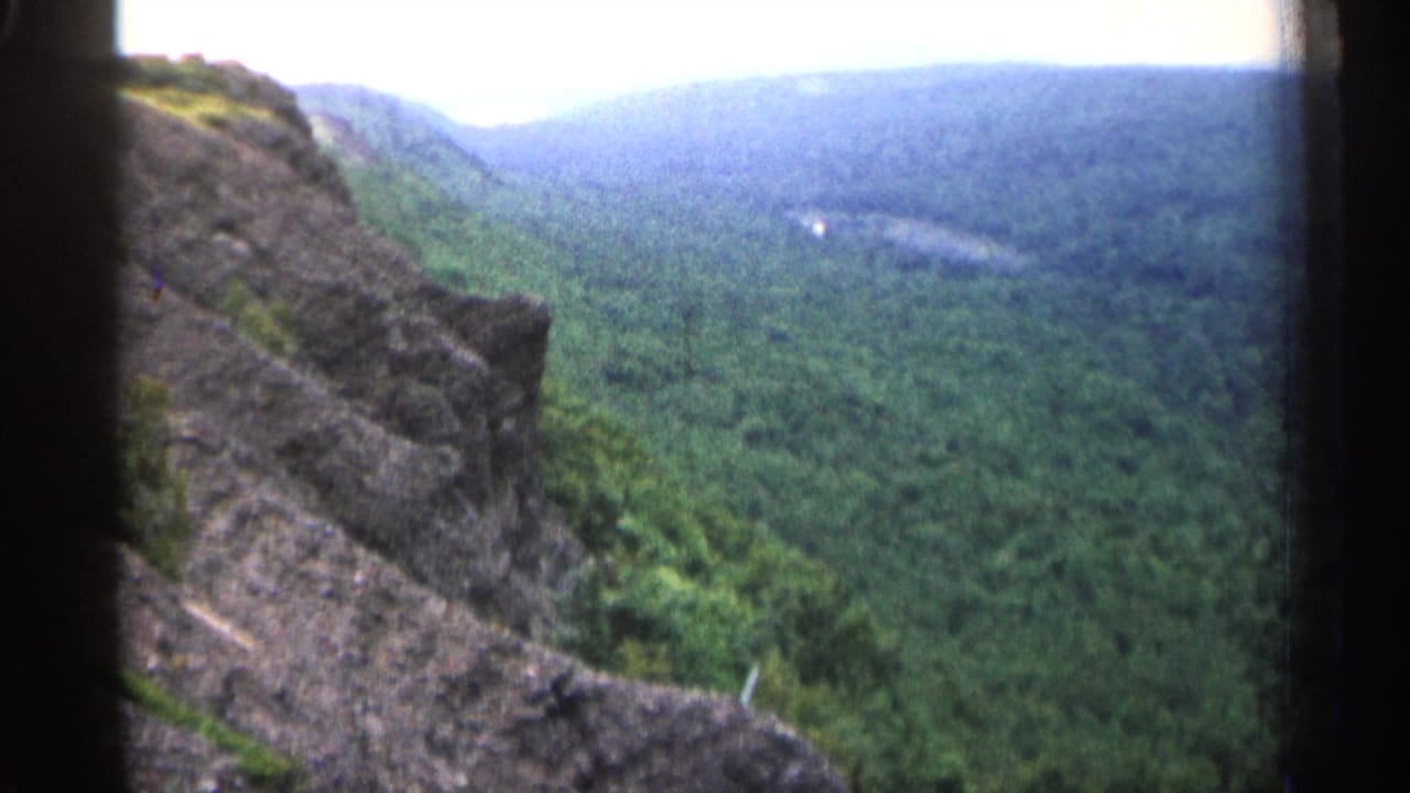 1960 8mm view from a rocky Michigan cliff looking over dense green forest and distant hills.