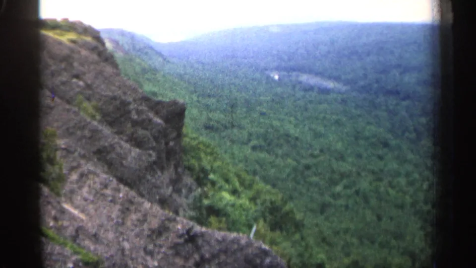 1960 8mm view from a rocky Michigan cliff looking over dense green forest and distant hills.
