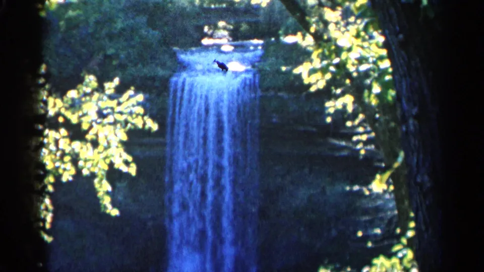 1960 Michigan 8mm frame showing a tall waterfall through forest cover, with saturated blue water and bright foreground leaves.