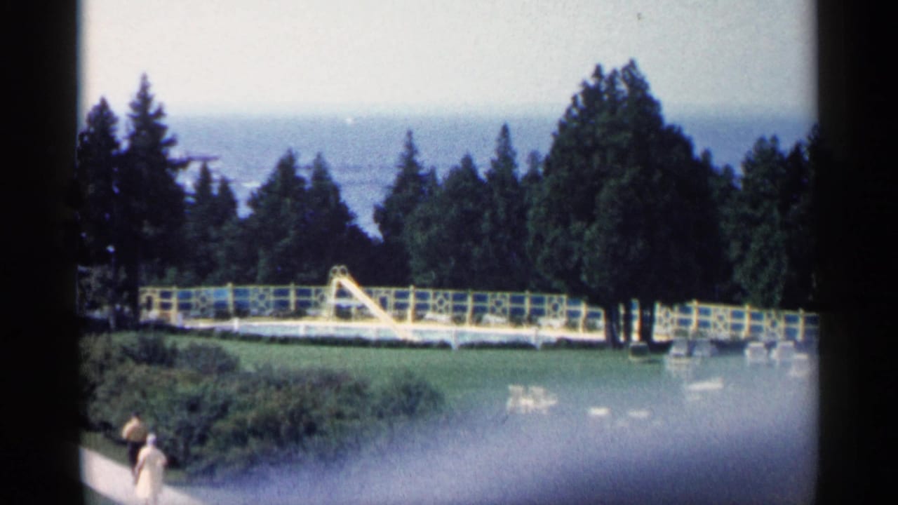Lakeside park with yellow decorative fence, evergreen trees, distant water, and a person near the path.