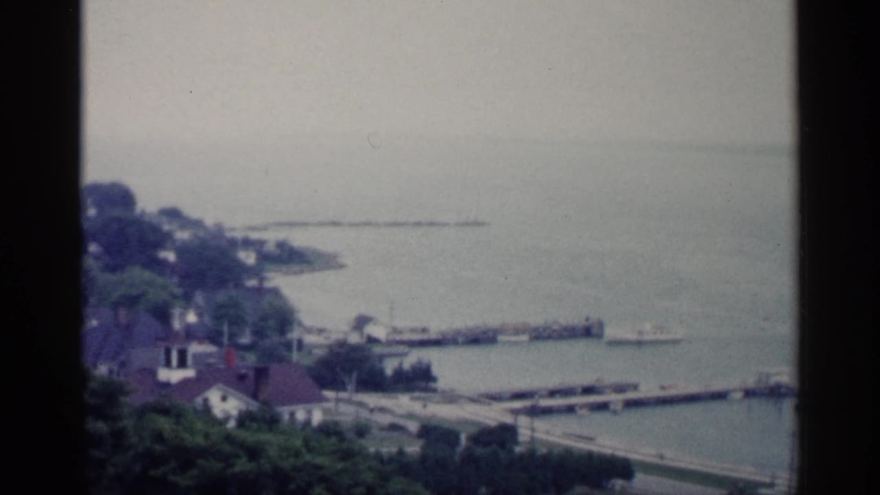 A Michigan lakeside shoreline appears from above, with houses among trees, long piers, and small boats on the water.