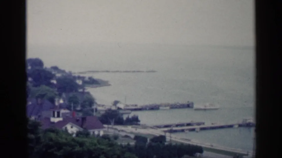 A Michigan lakeside shoreline appears from above, with houses among trees, long piers, and small boats on the water.