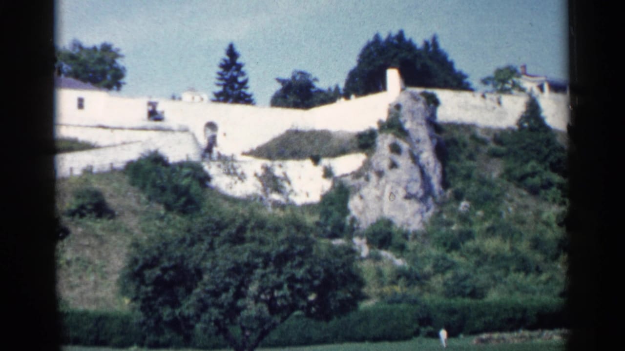 White wall and rocky landscaped grounds with trees in the background.