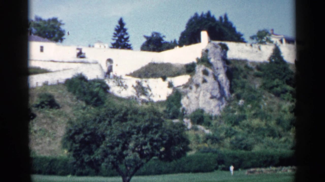 White walled grounds with rock formations, shrubs, and trees.