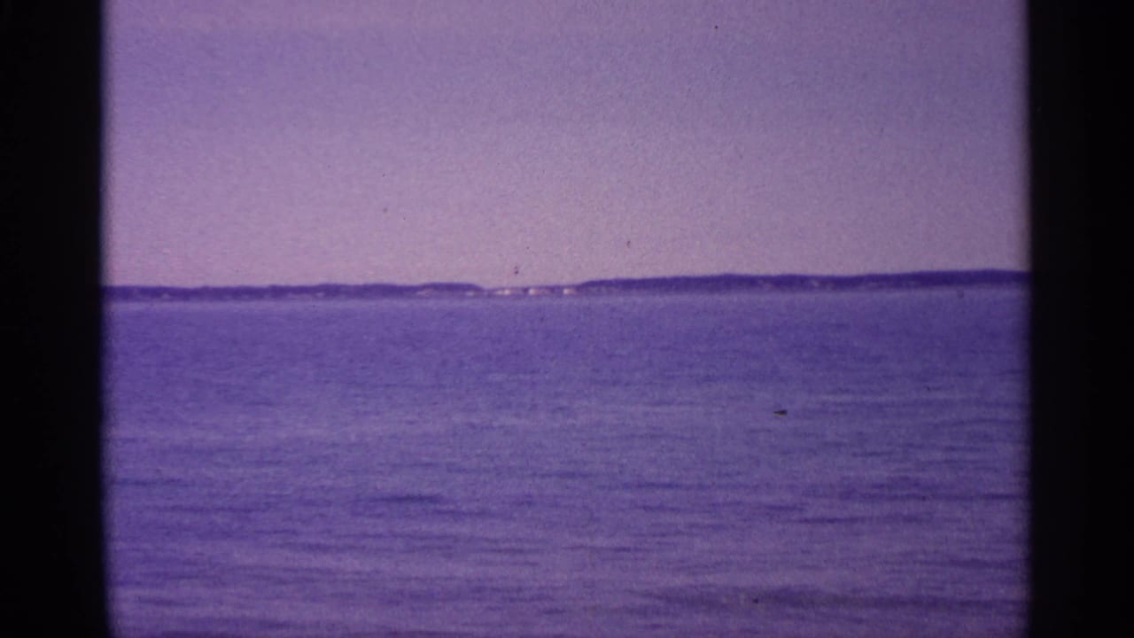 Calm water with a low distant landmass under a pale purple sky.