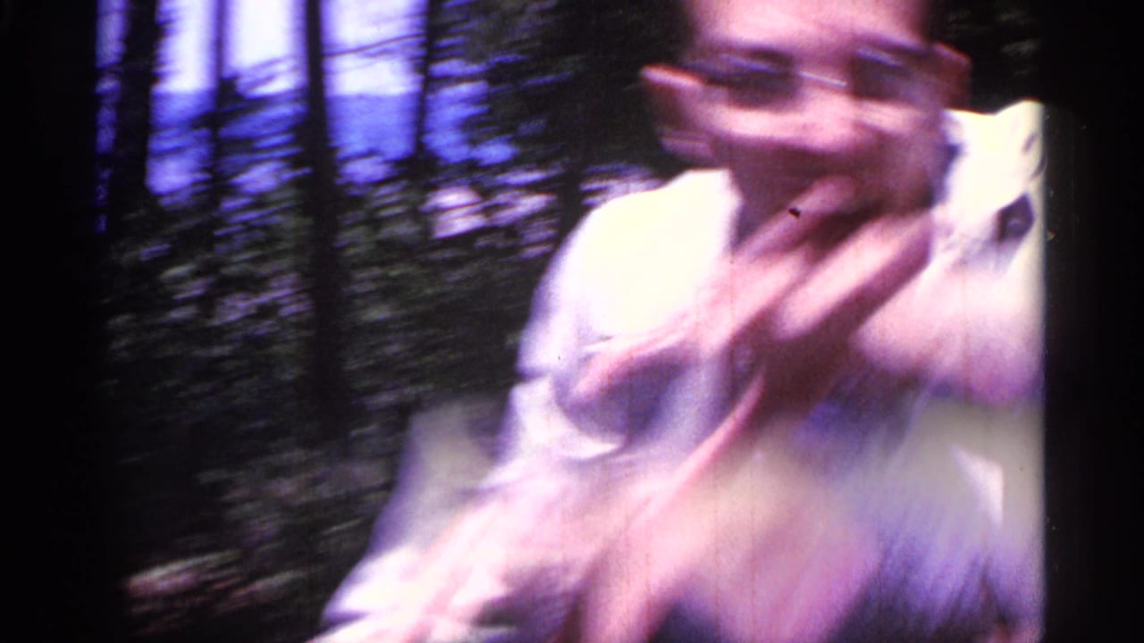 Blurred adult close to the camera beside dark trees.