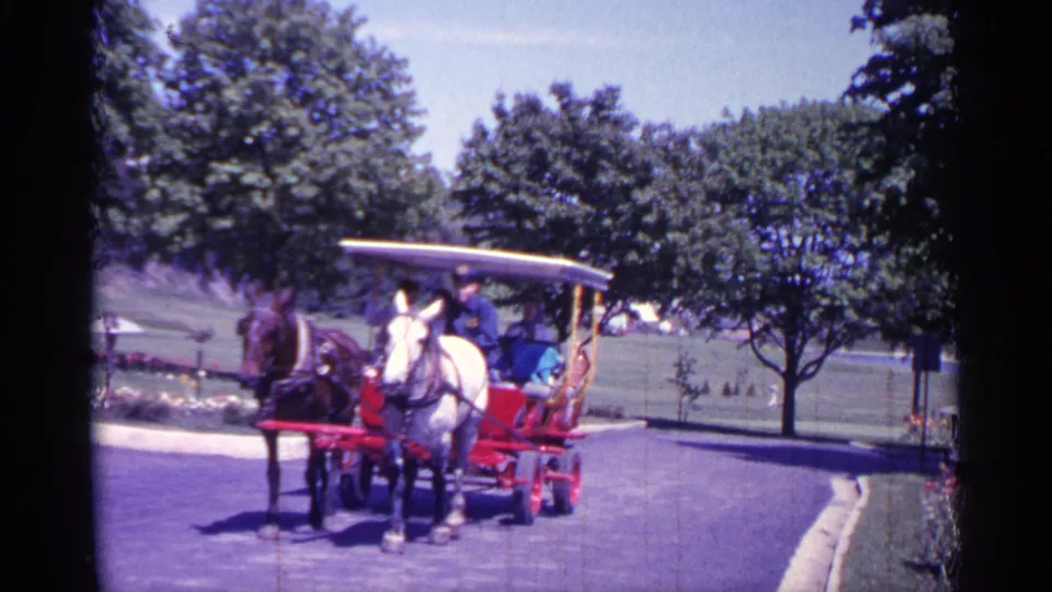 1960 Michigan 8mm frame of passengers riding under a white canopy as two horses pull a red cart through a park.