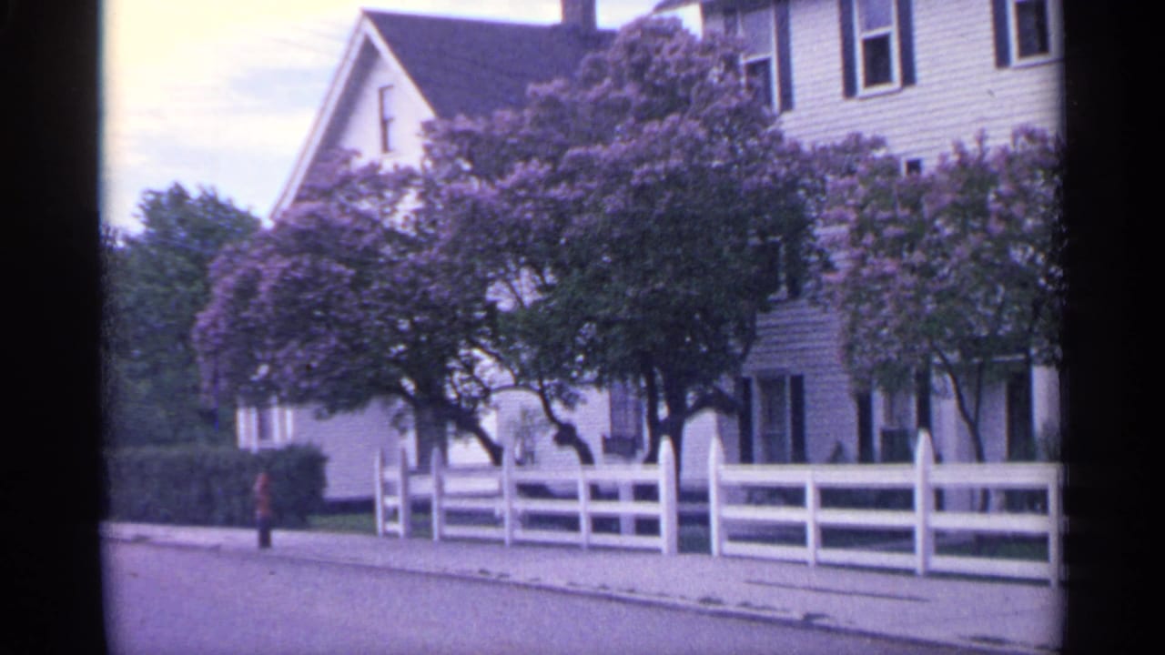 White multi-story house behind a white fence with purple lilac trees by the sidewalk.
