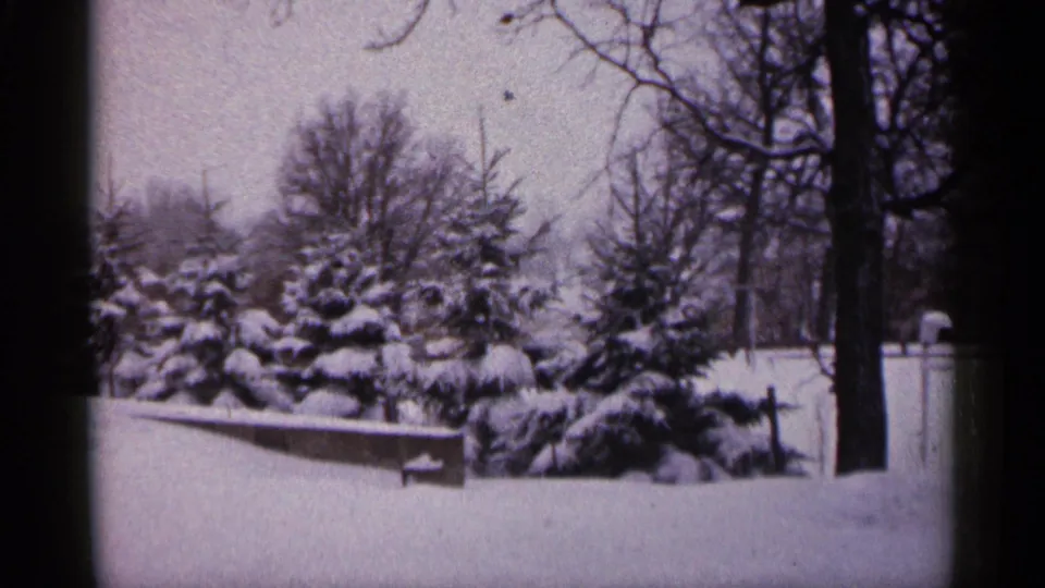 A snowy Minnesota yard with evergreens, bare trees, and low fencing closes the 1961 8mm winter scene.