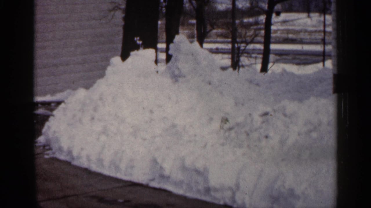 Snow piled beside a house with bare trees in a winter yard.