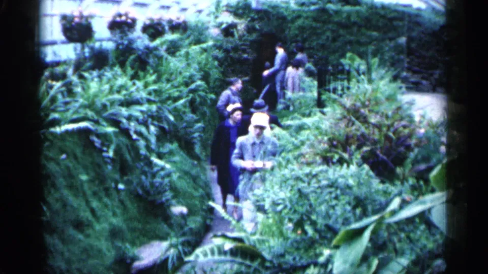 1961 Minnesota 8mm frame showing visitors in period coats moving through dense greenhouse foliage on a narrow path.