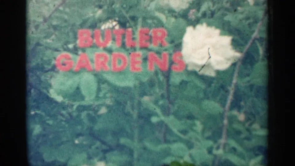 Red Butler Gardens title lettering appears over dense foliage with a pale flower in 1961 Minnesota garden footage.