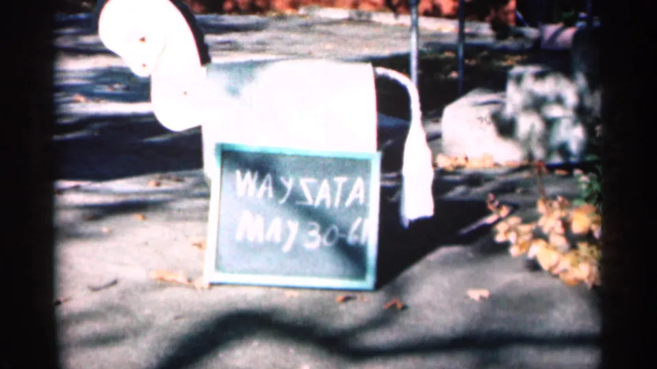 White horse-shaped mailbox with a chalkboard reading WAYSATA and May 30-61 on a sunny paved area in Minnesota footage.