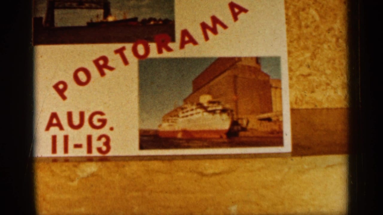 1961 Minnesota 8mm frame showing a Portorama event sign with red lettering, August 11-13 dates, and a printed photo of a ship.