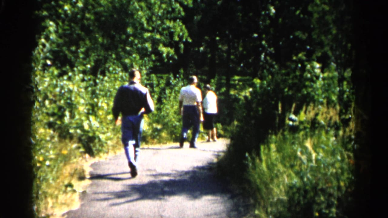 1961 Minnesota home-movie frame of three people walking away along a shaded green park path in summer light.