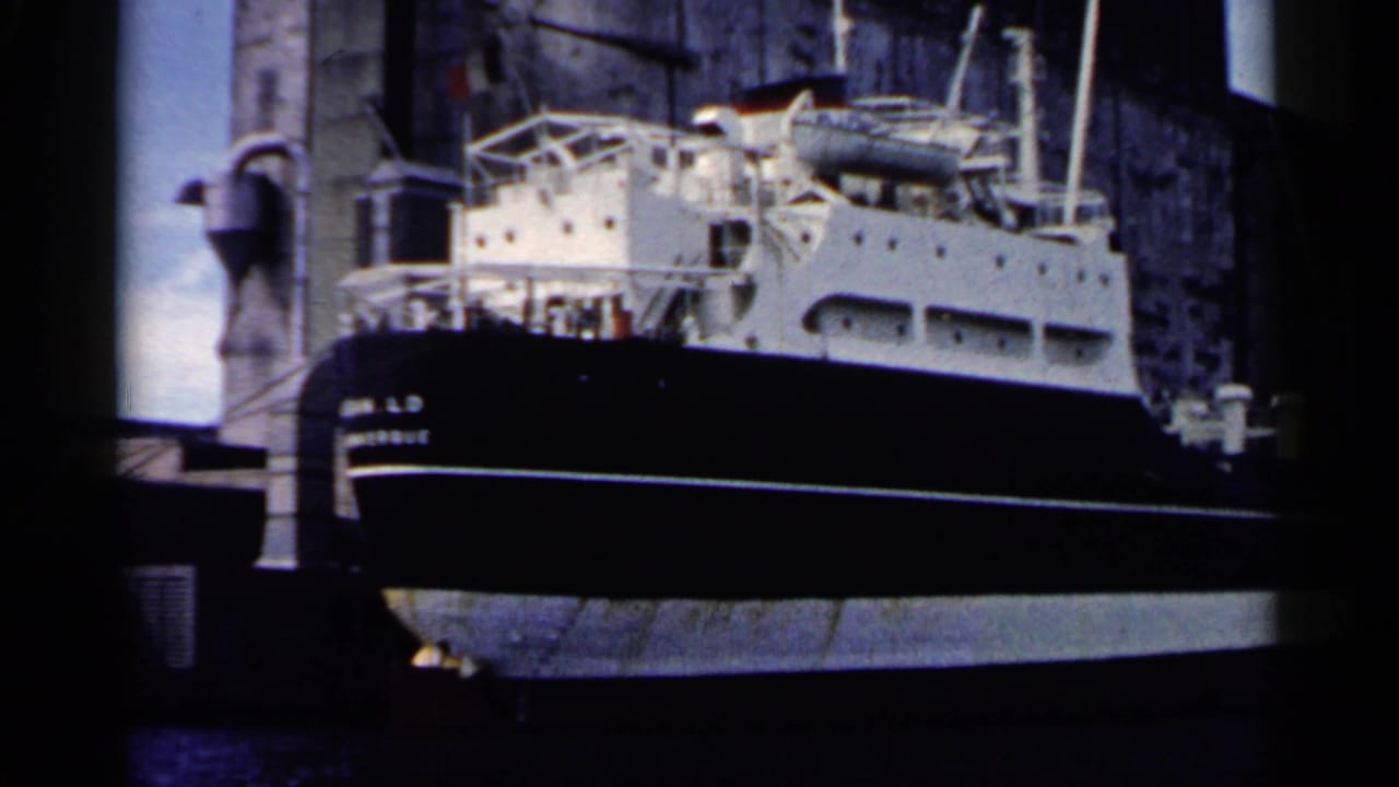 Large black-and-white ship docked beside pier structures.