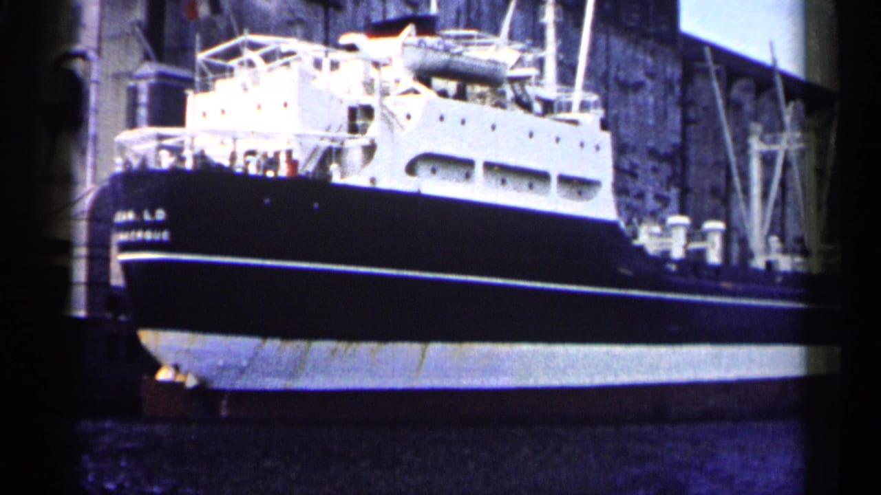 Large dark-hulled ship docked beside a high stone wall with water in the foreground.