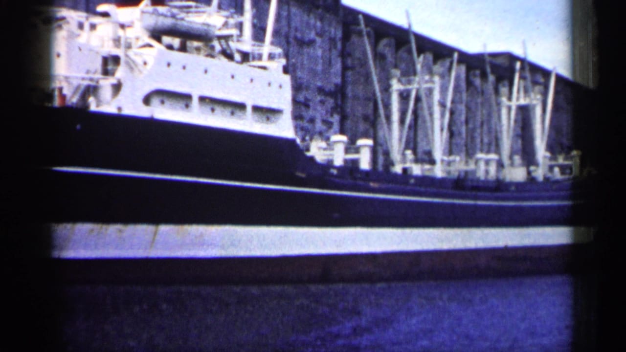 Cargo ship moored beside an industrial dock with blue water in foreground.