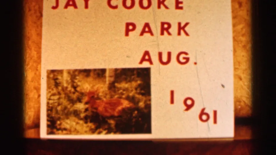 Title card supporting Jay Cooke Park in August 1961, with red lettering and a small deer picture mounted below.