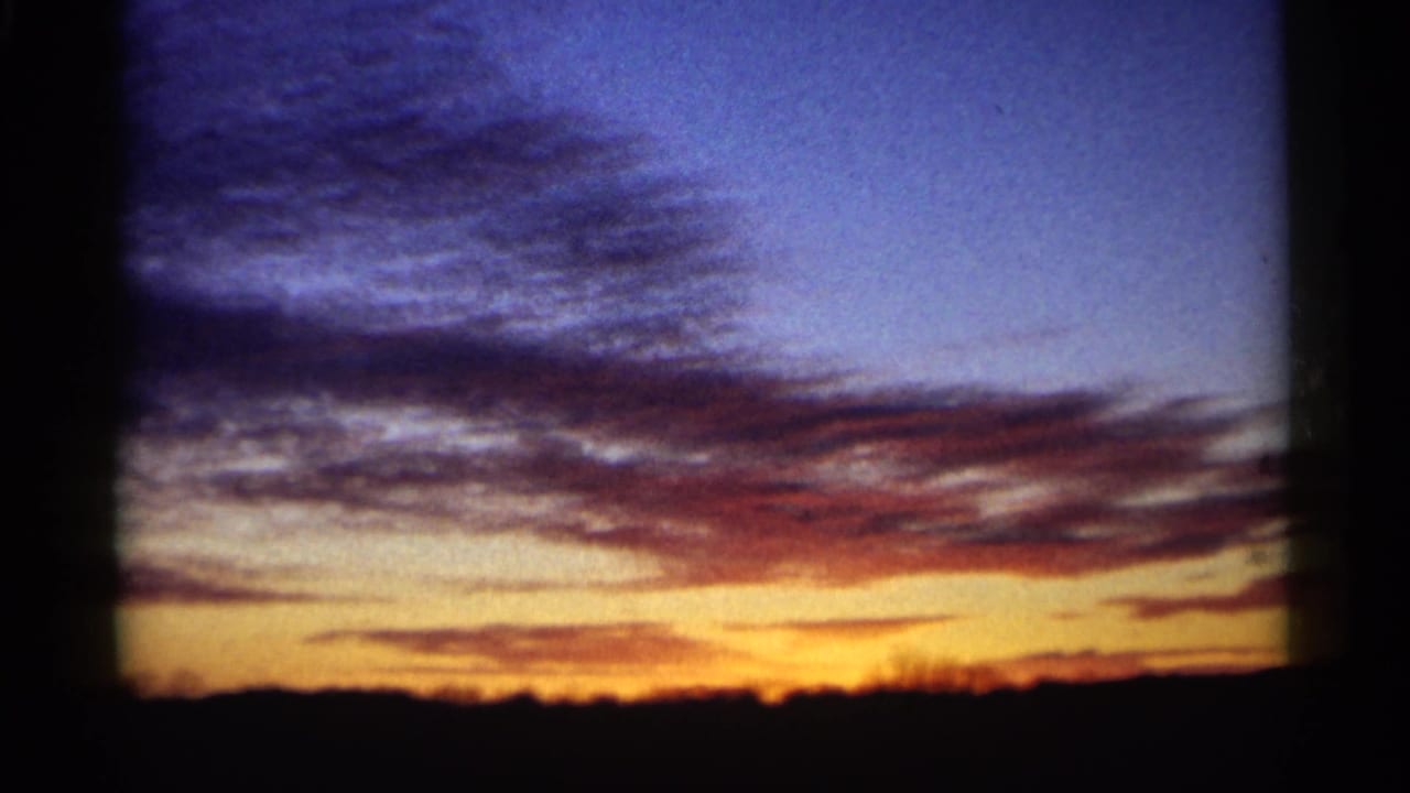 Sunset sky with blue upper tones, orange horizon, layered clouds, and a dark silhouetted tree line.
