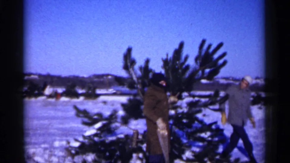 Minnesota 1961 home-movie frame showing two men in winter coats handling a pine tree in a snow-covered field.