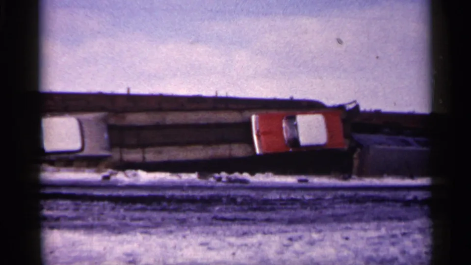 1961 Minnesota home-movie frame with a white sedan and red vehicle lying near dark scrap in a snow-covered yard.