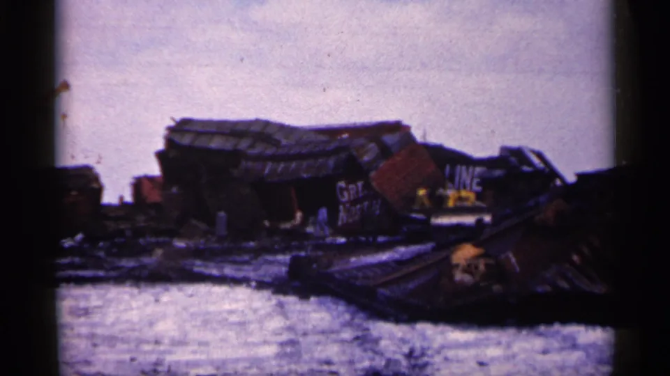 1961 Minnesota salvage yard frame showing a collapsed structure, wrecked vehicle parts, and partial lettering on a damaged surface.