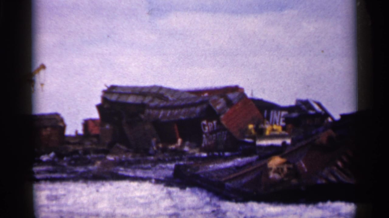 1961 Minnesota derailment aftermath with collapsed freight cars, visible railway lettering, and snow-covered ground.