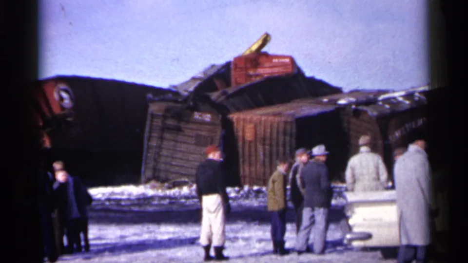 1961 Minnesota 8mm frame showing men in winter clothing observing overturned freight cars in a snowy rail wreck scene.