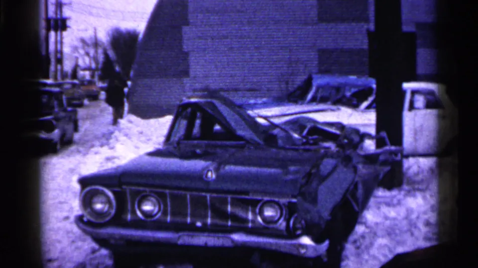 1961 Minnesota 8mm frame showing a crushed pale car in snow, with parked cars, brick buildings, and a distant pedestrian nearby.
