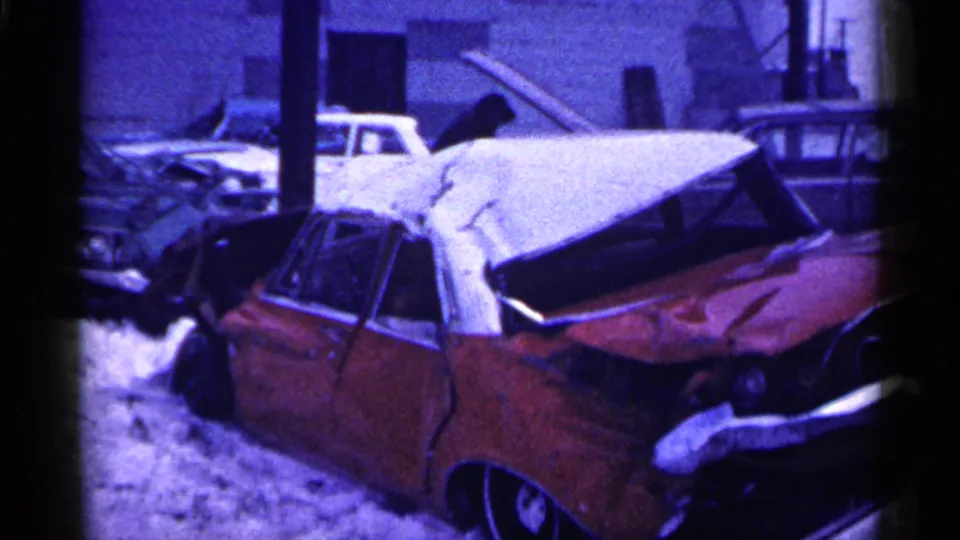 Final 1961 Minnesota frame showing a red wrecked car in snow, with crushed metal, a nearby white vehicle, and brick buildings in back.