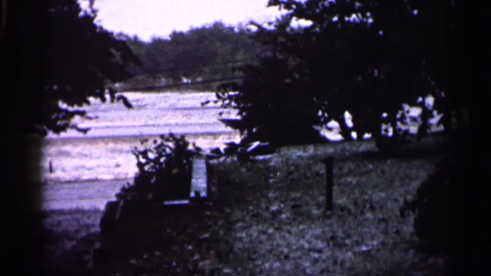 1961 Minnesota 8mm frame showing trees in shadow, a grassy embankment, and a river in the background.